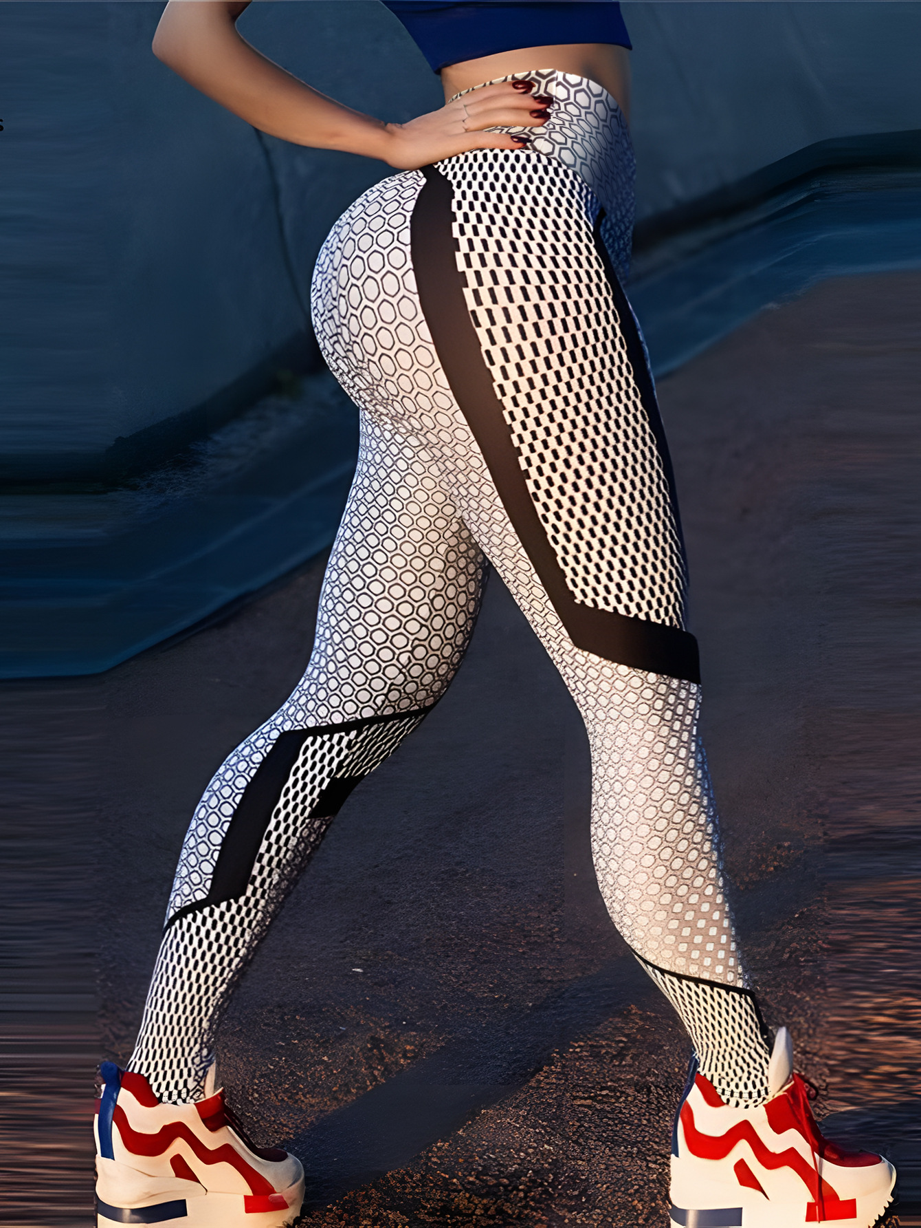 Womens High Waist Geometric Print Workout Leggings with Honeycomb Pattern